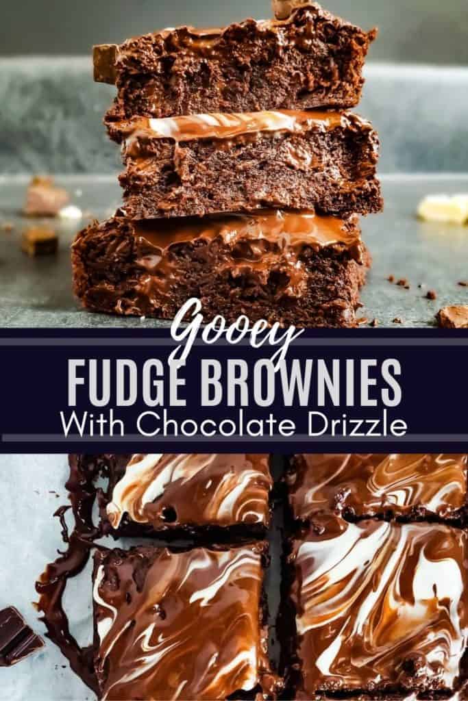 Pin image for gooey fudge brownies. Image is a collage and has white text in the middle.