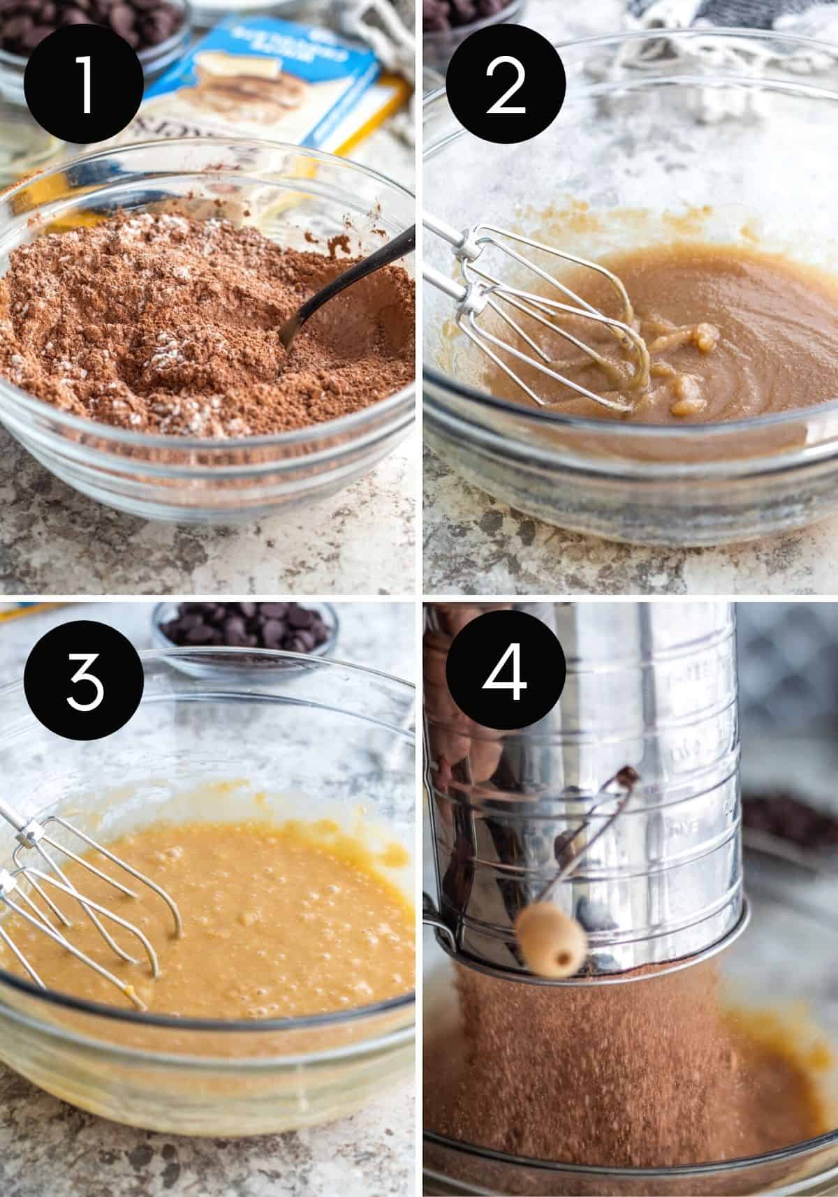 Four prep image collage showing brownie batter prep.