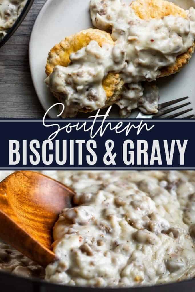 Pin for gravy recipe with two images and white and black text overlay.