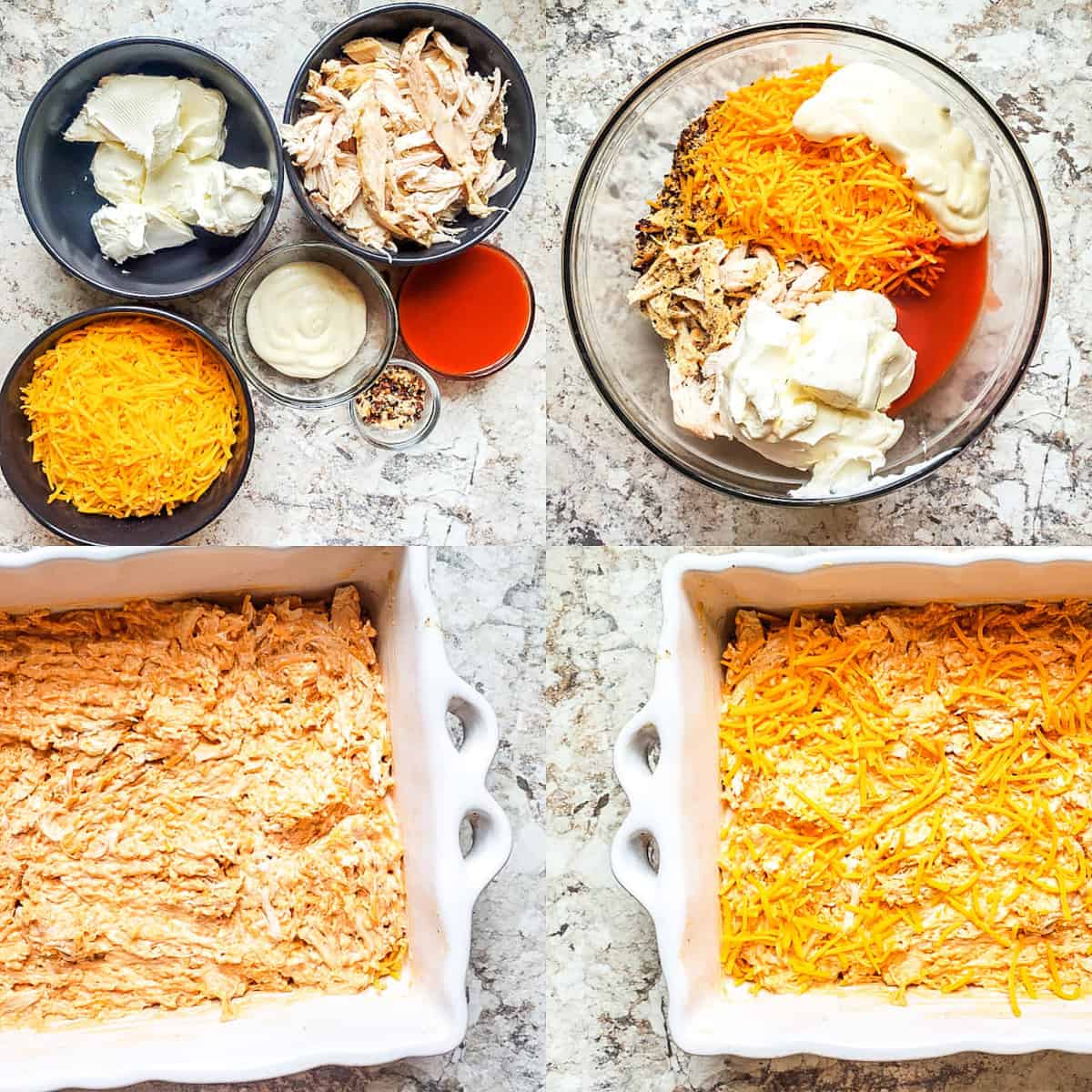 Prep image for baked buffalo chicken dip. Image shows ingredients and step by step pictures.