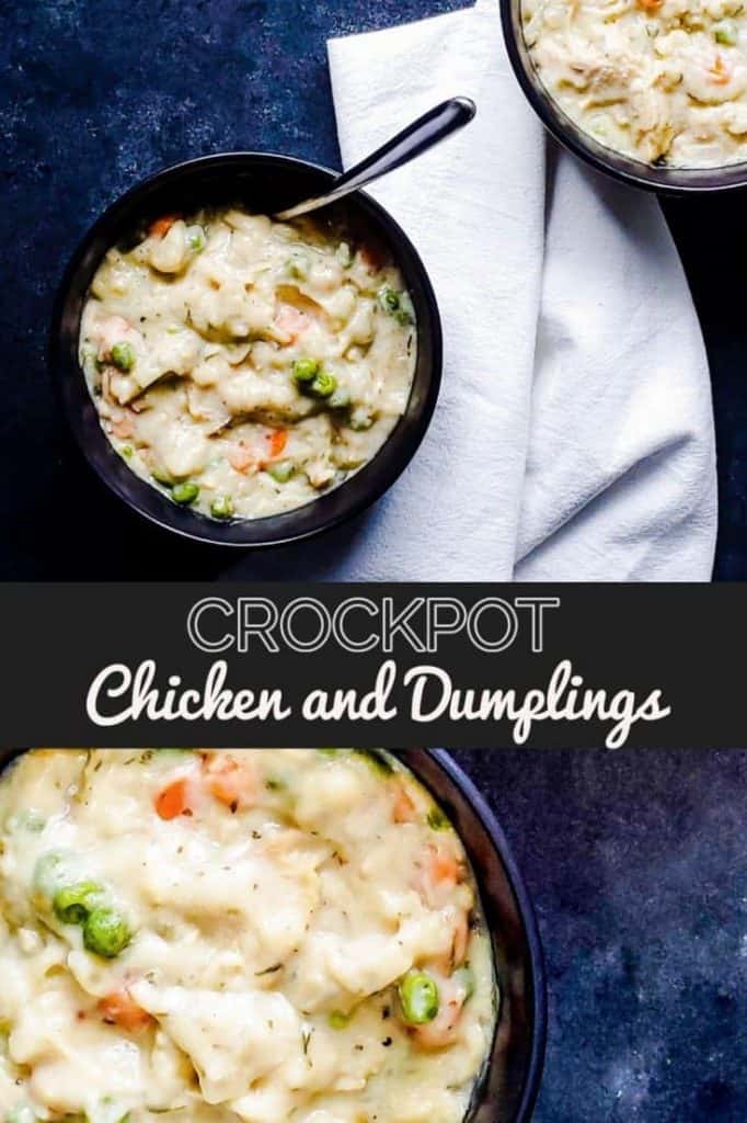 Pin for chicken and dumplings with two images and text overlay.