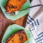 Overhead shot of two green plates with pumpkin bread on them.