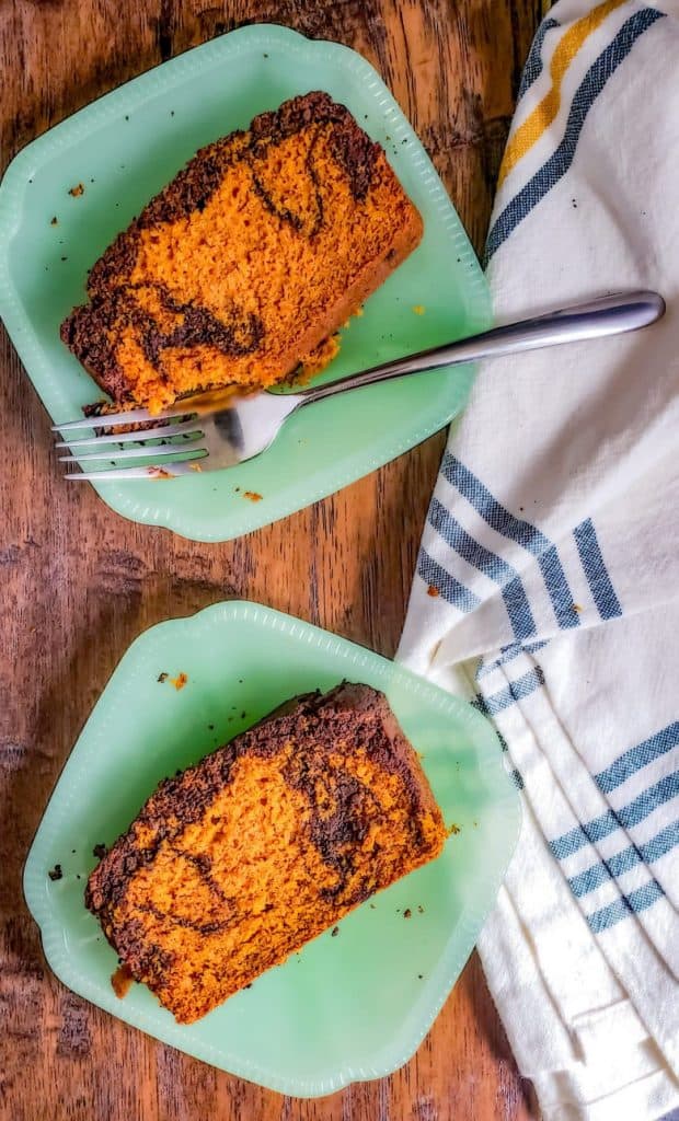 Overhead shot of two green plates with pumpkin bread on them.