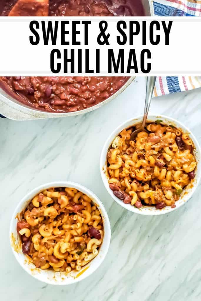 Sweet and spicy chili mac pin with white and black text.