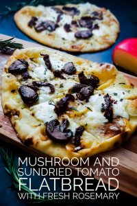 Simple and easy recipe for Vegetarian Flatbread Pizza with Mushrooms and Rosemary. Ready in about 30 minutes this pizza is perfect as an appetizer or as a fast weeknight dinner!