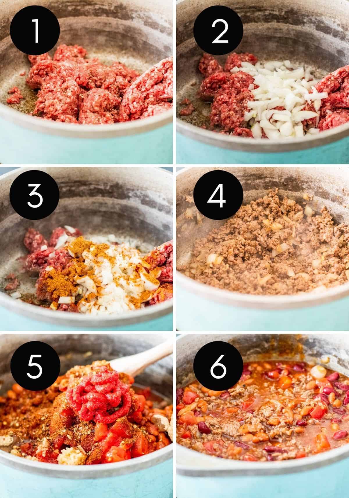 Six image collage with numbers showing how sweet and spicy chili is made in large pot.