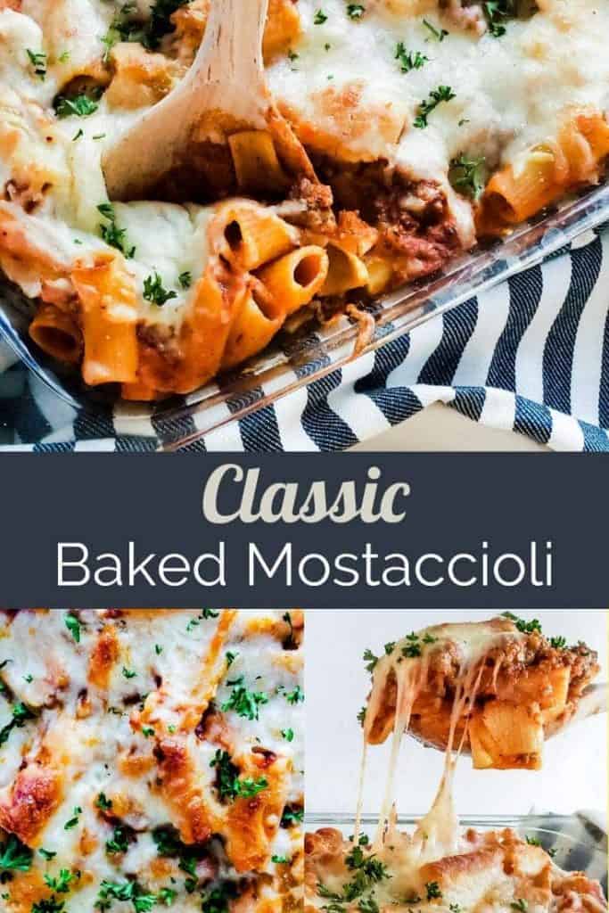 Pin for mostaccioli with three images and text overlay.
