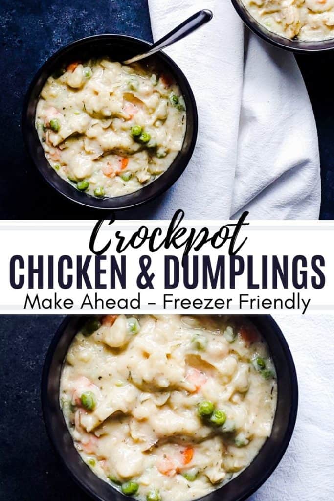 Chicken and dumplings pin with white text overlay.