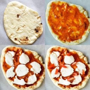 Prep photo for the easy margherita pizza recipe. There are four images in the photo collage. All are shot from above and the same size. All are also on a white piece of parchment paper. The top left is a single piece of naan bread. The top right is the same piece of naan bread with red marinara sauce on it. The bottom left is the same bread with sauce but with chunks of mozzarella cheese. The last picture on the bottom right is the same photo but with tomatoes sprinkled on top. 