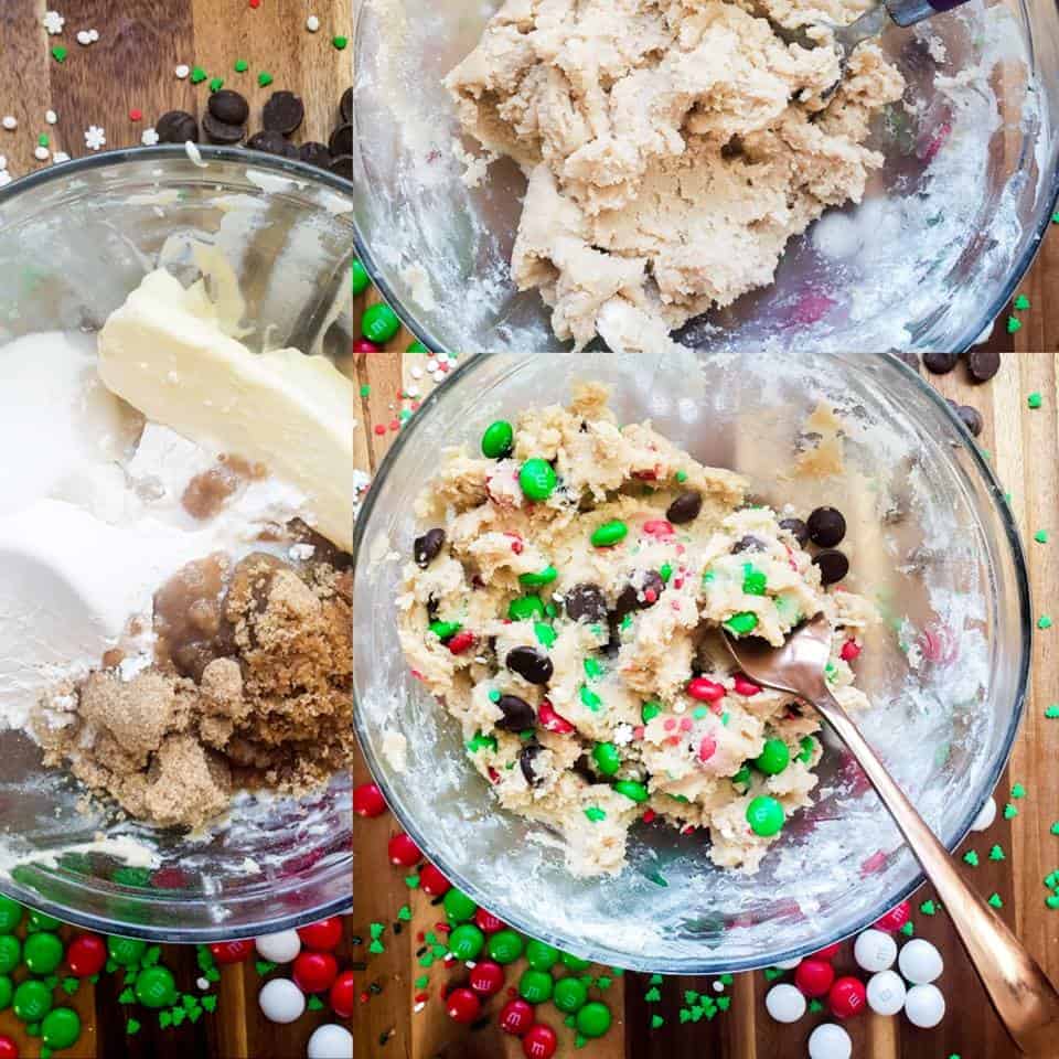 Prep image showing cookie dough ingredients being combined into a large glass bowl on a wooden counter.