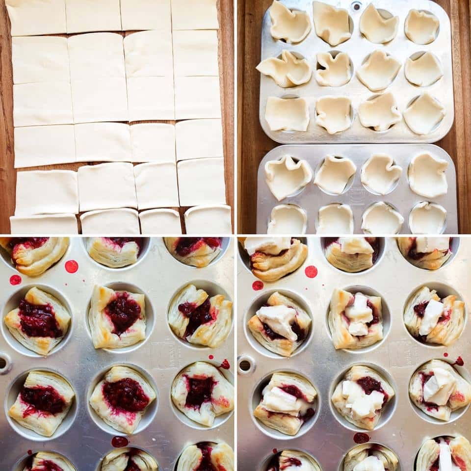 Four image prep collage making blackberry brie bites.