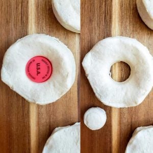 Prep image for chocolate glazed donut recipe. The image is a collage and shot from above. The image on the left is a whole donut with a bottle cap in the center. On the right in the donut cut and the whole to the side.