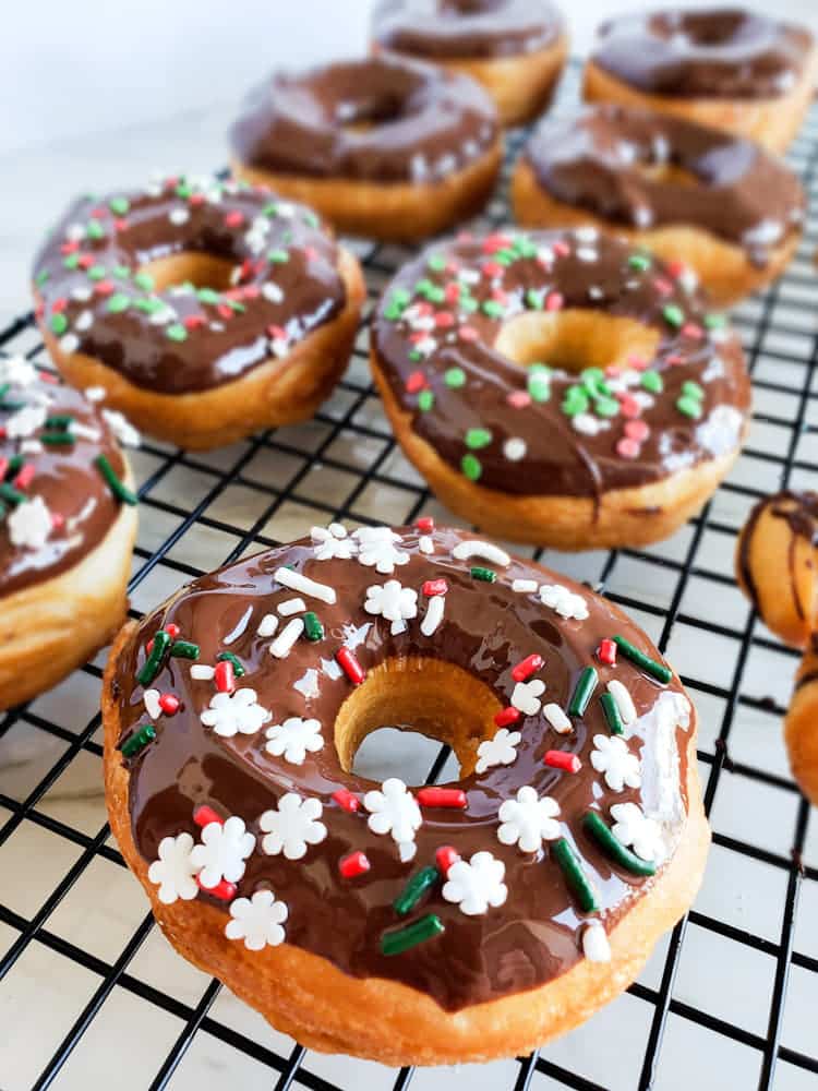 Angle shot of finished donuts.