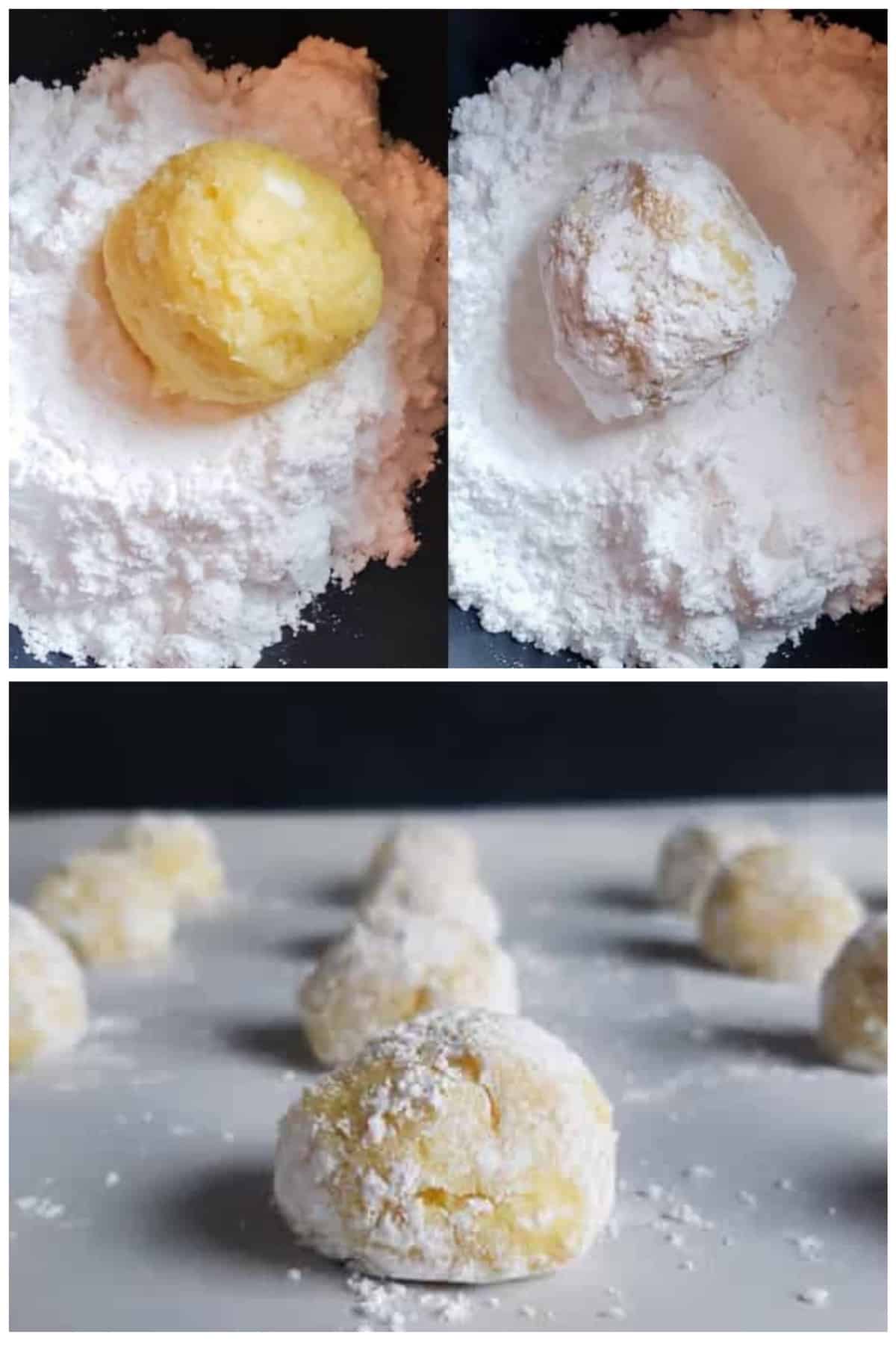 Prep image for cake cookies showing dough in powdered sugar and on a cookie sheet before baking.