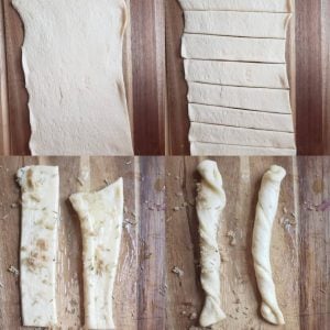 The image is a collage of four photos. All the photos are taken from above. The top left image shows a dough sheet rolled out on a wooden cutting board. The top right image shows the same dough sheet cut into 8 equal pieces. The bottom left image shows one of those 8 pieces cut in half with brown sugar and herbs on it. The bottom right image shows the same 2 pieces twisted into a rope shape.