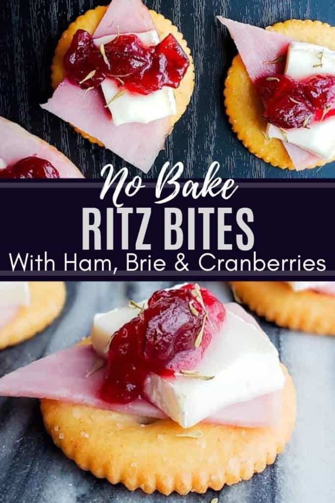 Pin for cracker bites recipe showing two pictures with white text in the middle