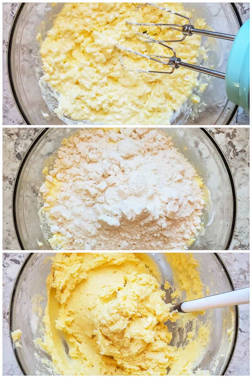 Gooey butter dough being prepped in a glass bowl.