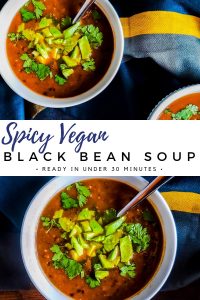 Pin for vegan black bean soup recipe. The image is a collage. The bottom image is a overhead close up shot of the soup in a white bowl. The soup has diced avocado and cilantro on top and a silver spoon in the bowl on the right side. There is a blue, yellow and grey towel on the right side of the bowl. The top image is of two bowls of the soup. Both are in white bowls and out of frame. There is the same blue, yellow and grey towel next to the bowls. In the center of the two images is a white bar. On top is text in cursive blue that says "spicy vegan." Under that in black text it says, "black bean soup". Under that in smaller black text it says, "ready in under 30 minutes"