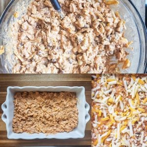 Prep image showing the process of making chicken enchilada dip. The image is a collage. The top image shows the dip being mixed together. The bottom left image is the dip in a white baking dish. The bottom right image shows the baked dip topped with shredded cheese.