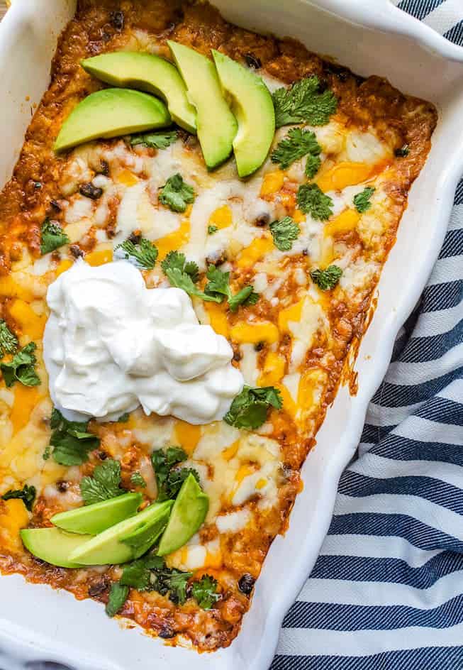 Overhead shot of dip in a white baking dish.