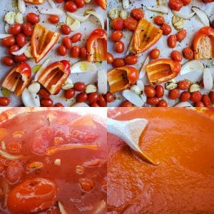 Prep image for roasted red pepper tomato soup recipe. The image is a collage of four images. The top left image shows red peppers, garlic, onion, and tomatoes on parchment paper. The second image on the top right is the same tray oven veggies after they have been roasted. The bottom left image is all the ingredients simmering in a large pot. The bottom right image is the soup blended and finished. 