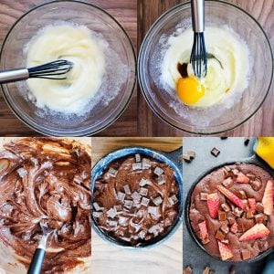 Prep image for skillet brownie recipe. The first image shows the sugar and butter whipped together. The second image shows the same bowl with an egg and vanilla in it. The third image shows the same glass bowl with all the ingredients mixed together. The fourth image shows the batter in the iron skillet topped with chocolate chips. The last image shows the baked skillet brownie topped with strawberries. 