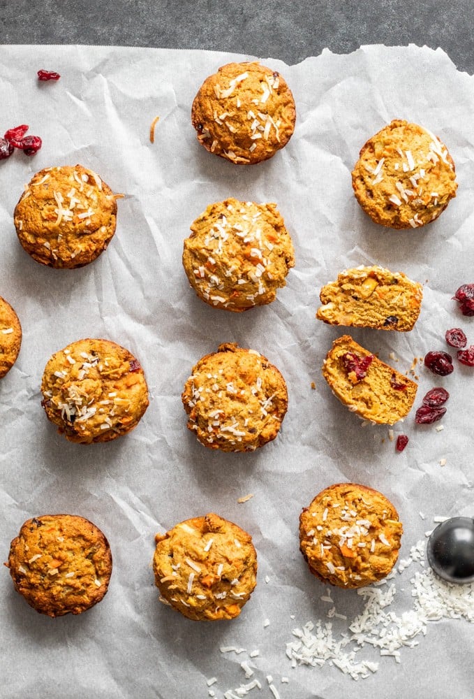 Overhead shot of muffins on parchment paper.