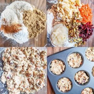 Prep image for morning glory muffins. The image shows the dry ingredients, then the veggies, nuts and fruits added in, then the wet ingredients stirred together in the same glass bowl. The final image shows the muffin dough in the muffin tins. 