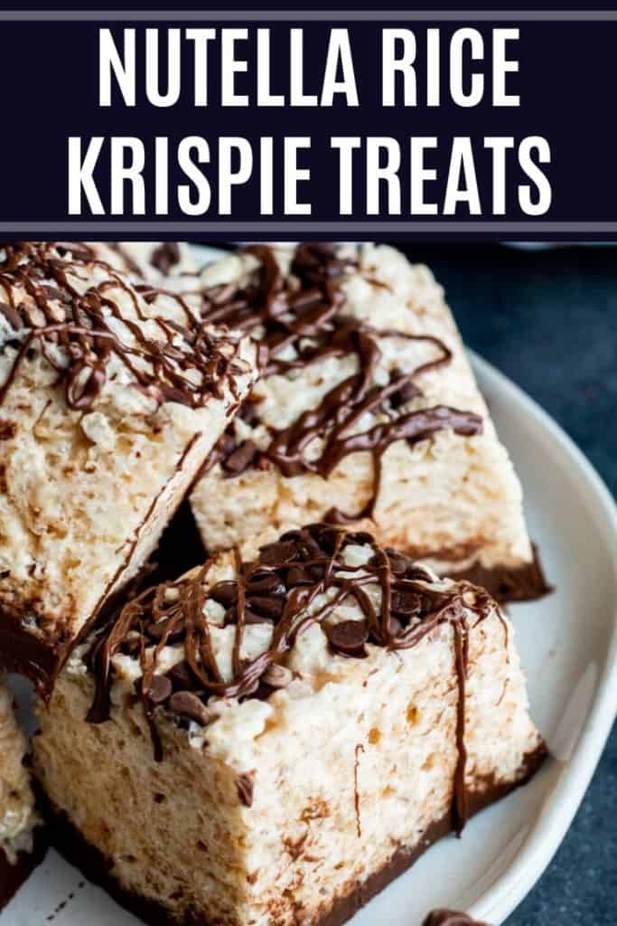 Pin for nutella rice krispie treats with white text.