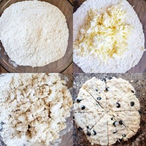 Prep image for blueberry white chocolate scones. Image is a collage showing the dough being made in a glass bowl. 