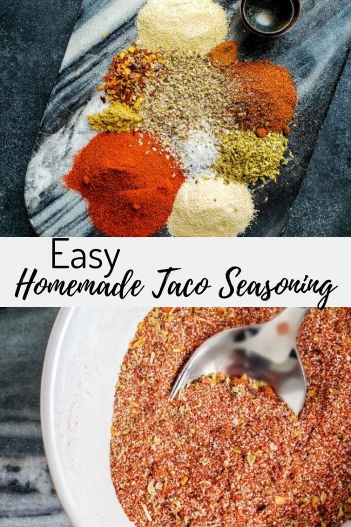 Homemade taco seasoning pin with two images and black text in the middle.