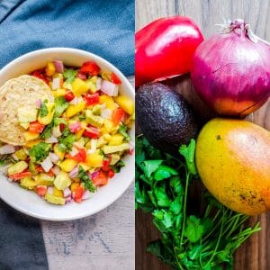 Prep image for mango avocado salsa showing whole ingredients and finished product.