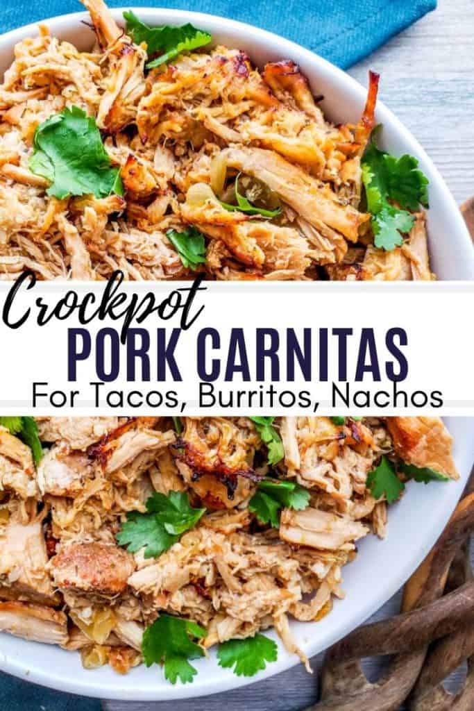 pin for carnitas with black text in the middle.