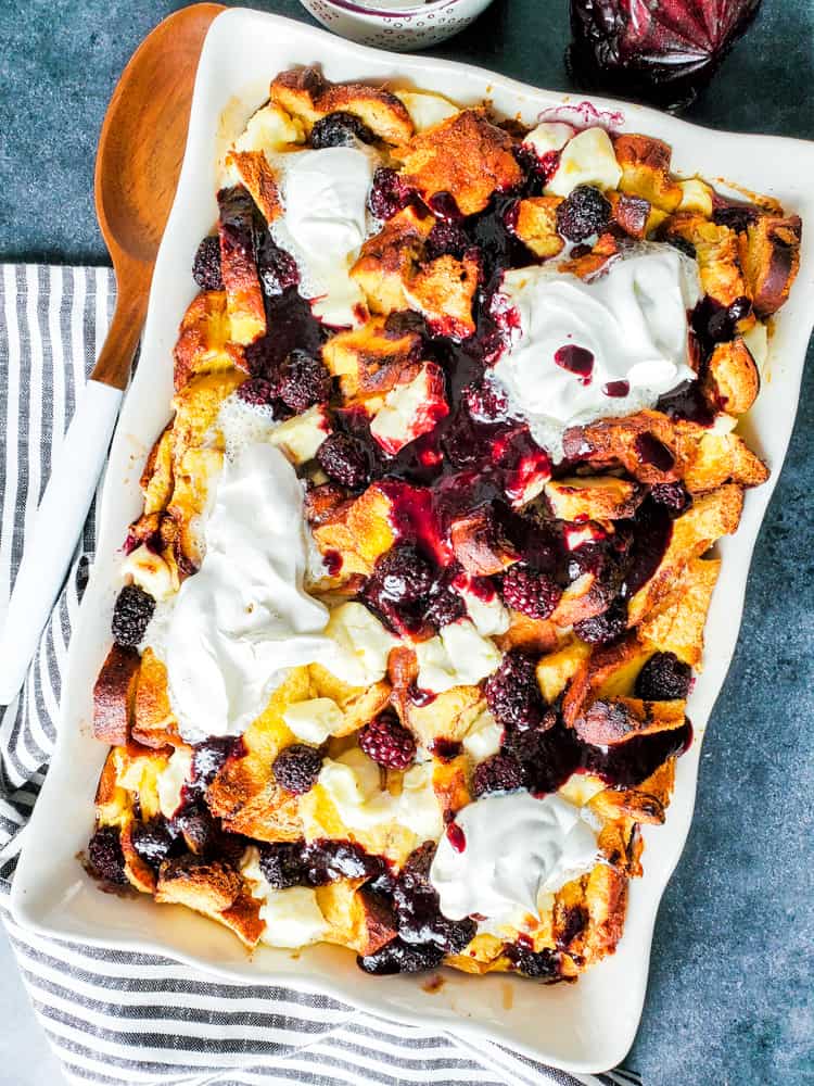 Overhead shot of french toast casserole in white dish.