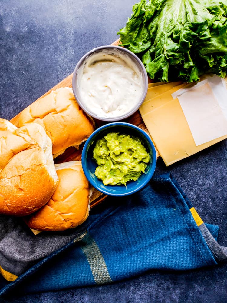 Overhead shot of ingredients on cutting board.