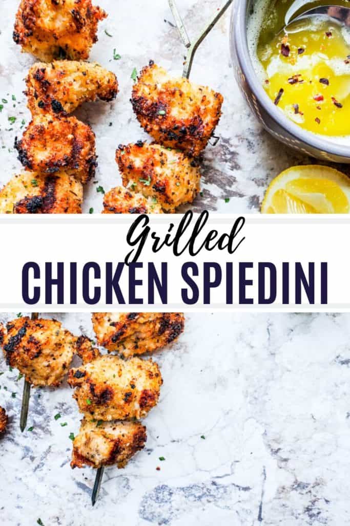 Pin for spiedini showing chicken on skewers on a white counter with text in the middle.
