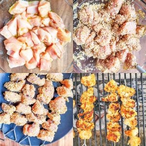 Prep image for grilled chicken spiedini. Image is a collage and shows the step by step process.