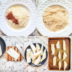 Prep image showing breading and fish prep for recipe.