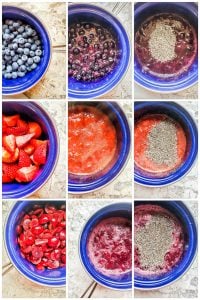 Prep image for jam recipe showing step by step in several images. All featured the same blue pot.