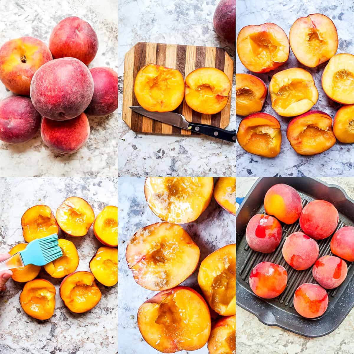 Prep image for grilled peach recipe. The image is a collage on 6 image showing step by step preparation and cooking. 