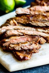 Strait on shot of sliced meat on a cutting board.