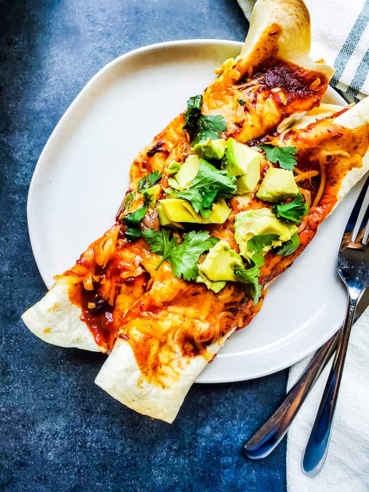 Overhead shot of two enchiladas on a white plate.