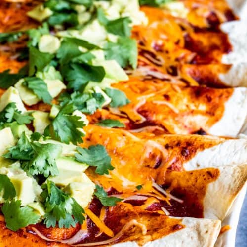 This Vegetarian Enchiladas recipe is the BEST healthy and easy weeknight dinner for the whole family! This meal combines roasted cauliflower, peppers, and tomatoes with pinto beans and cheese for the best veggie combo. Topped with chipotle red enchilada sauce, cheese, avocado and cilantro for the perfect finish! Add other favorites like sour cream and salsa to make them your own. {VIDEO] #MexicanFood #vegetarian #veggie #healthy #dinner #recipe #enchiladas