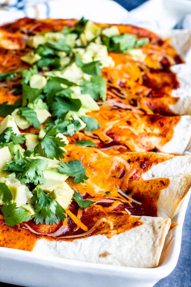 This Vegetarian Enchiladas recipe is the BEST healthy and easy weeknight dinner for the whole family! This meal combines roasted cauliflower, peppers, and tomatoes with pinto beans and cheese for the best veggie combo. Topped with chipotle red enchilada sauce, cheese, avocado and cilantro for the perfect finish! Add other favorites like sour cream and salsa to make them your own. {VIDEO] #MexicanFood #vegetarian #veggie #healthy #dinner #recipe #enchiladas