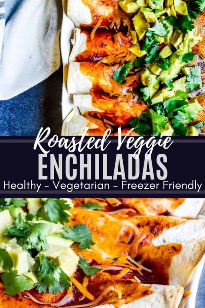 Veggie enchiladas pin with white text overlay.