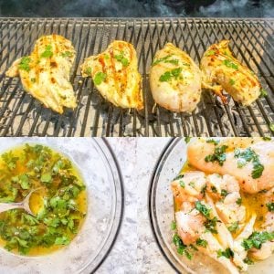 Prep image for Cilantro Lime Grilled Chicken Recipe. Image is a combo of 3 images of chicken on the grill, the marinade and chicken marinading. 