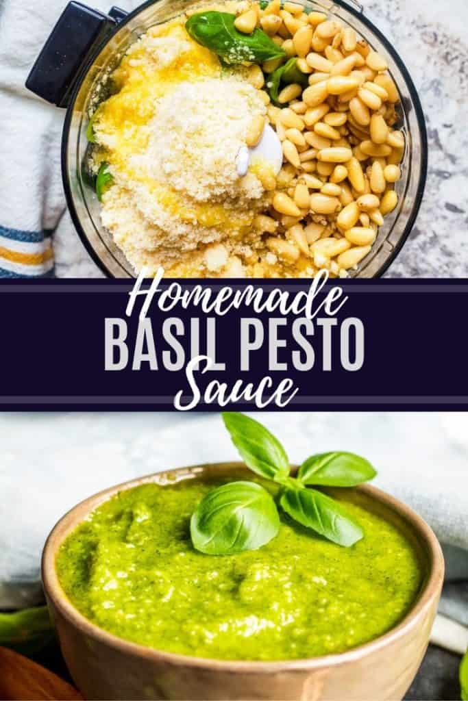 Homemade basil pesto pin with two images with white text overlay.