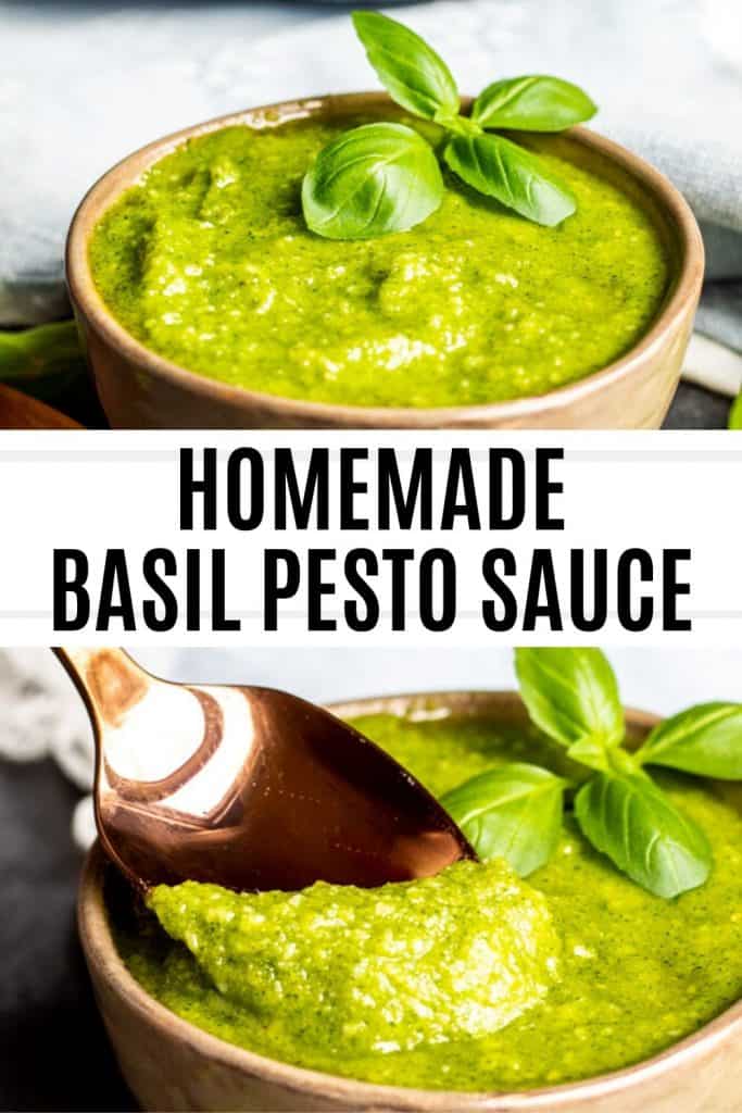 Pin for pesto showing two images with text in the middle.