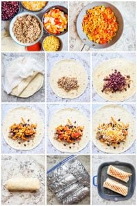 Prep image showing recipe step by step for burritos.