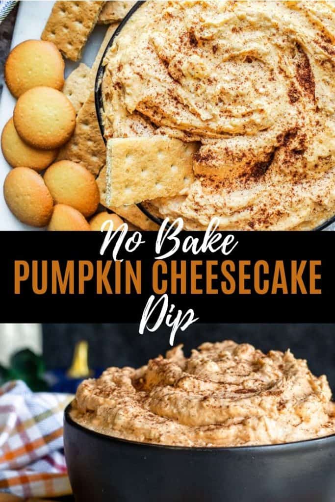 Pumpkin cheesecake dip pin with black and orange text.